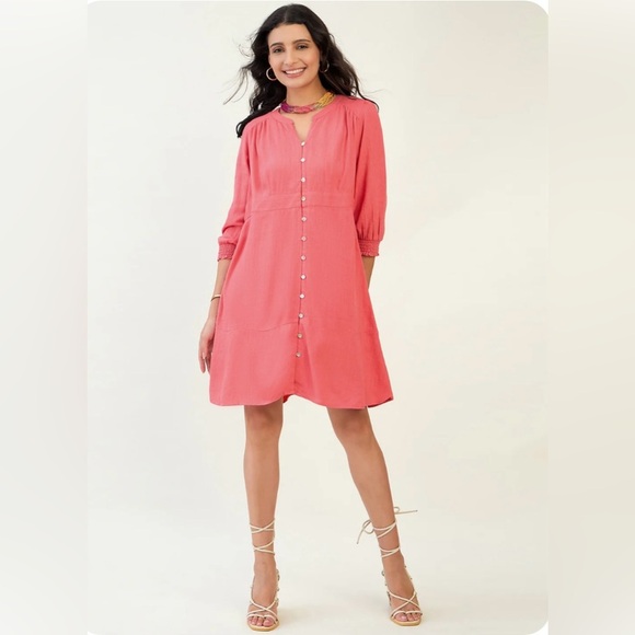 J. Jill Dresses & Skirts - J Jill Linen Blend Button Front Midi Dress with Smocked Cuffs in Guava Size L